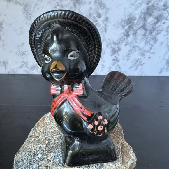 Vintage Bird Figurine with Hat and Bow Tie Ceramic Black Collectible Decor - Picture 1 of 5